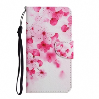 Læder Cover Xiaomi Redmi 10 Med Snor Blomstrende Gren Med Rem