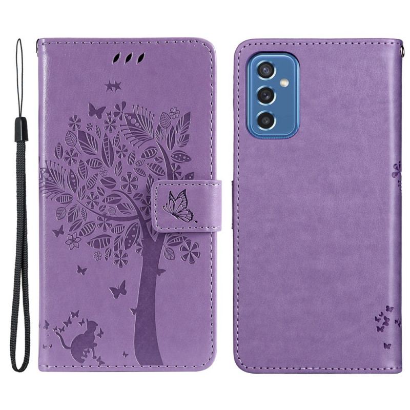 Flip Cover Samsung Galaxy M52 5G Blomstrende Træ Og Kat