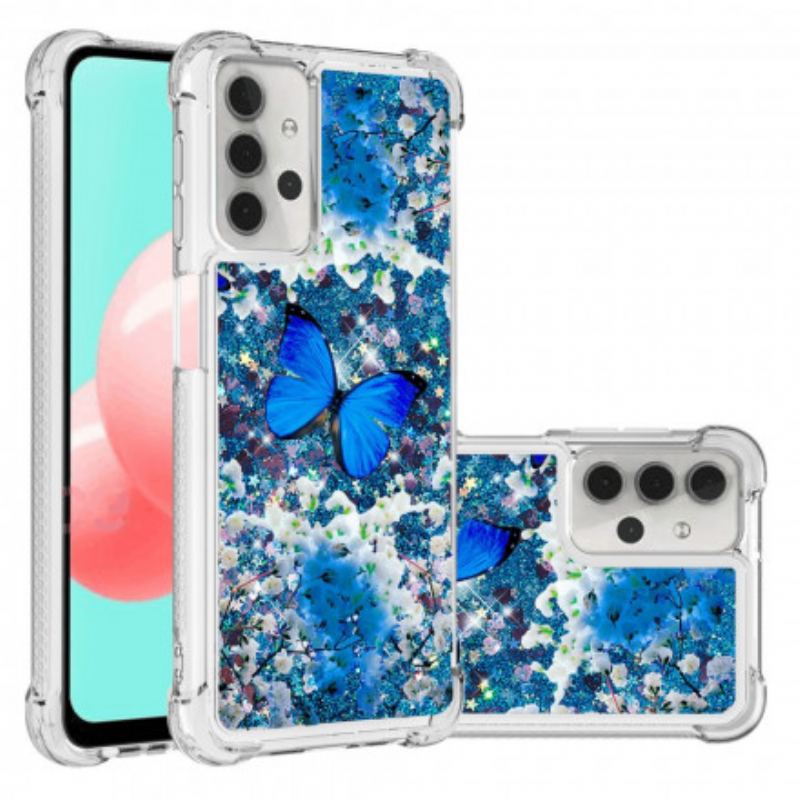 Cover Samsung Galaxy A32 5G Glitter Blå Sommerfugle