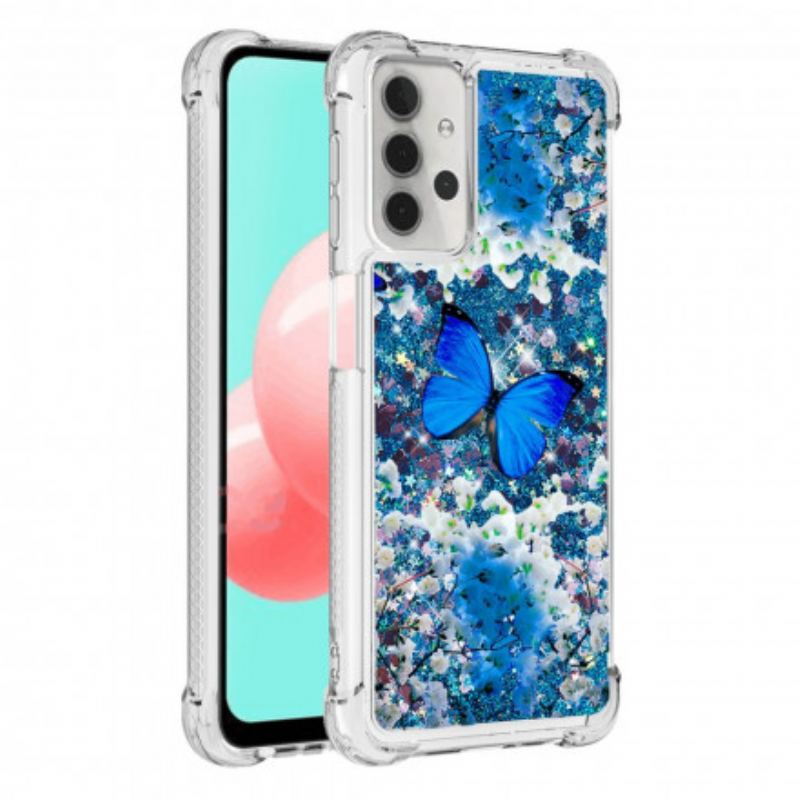 Cover Samsung Galaxy A32 5G Glitter Blå Sommerfugle