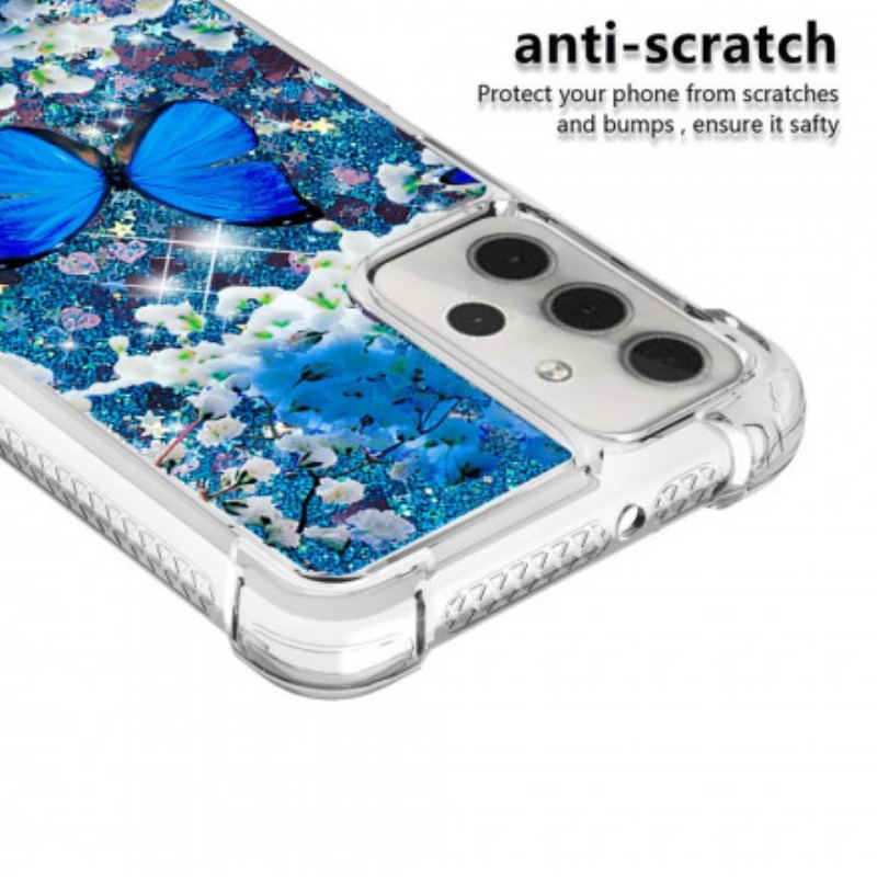 Cover Samsung Galaxy A32 5G Glitter Blå Sommerfugle