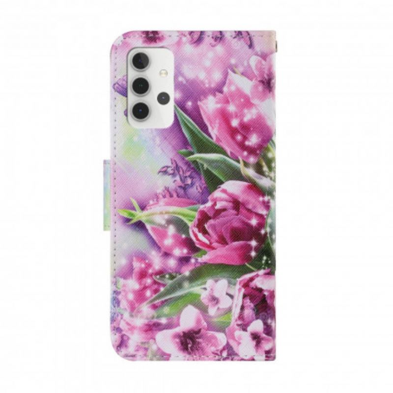 Læder Cover Samsung Galaxy A32 5G Sommerfugle Og Tulipaner