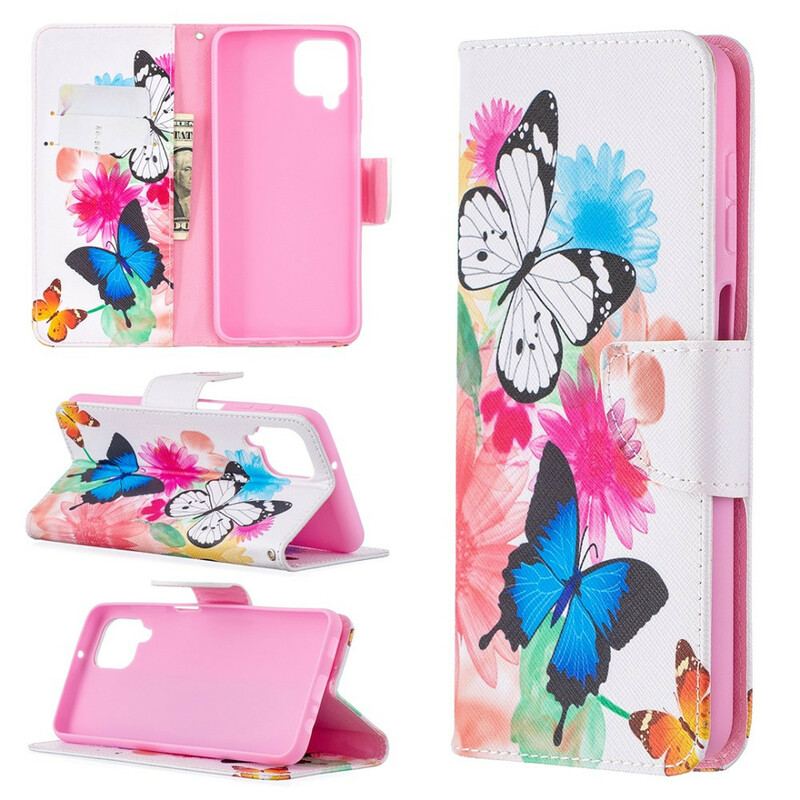 Flip Cover Samsung Galaxy M12 / A12 Malede Sommerfugle Og Blomster