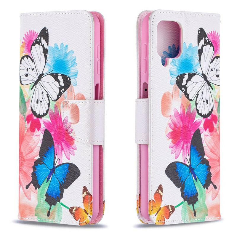 Flip Cover Samsung Galaxy M12 / A12 Malede Sommerfugle Og Blomster