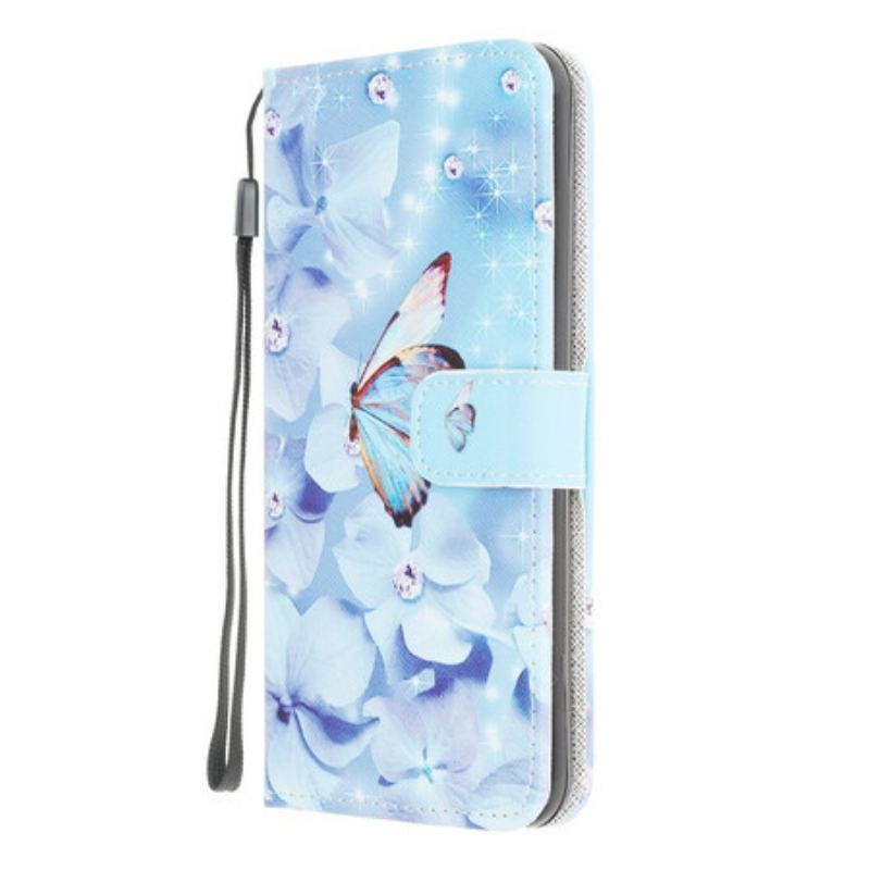 Flip Cover Samsung Galaxy M12 / A12 Med Snor Strappy Diamond Sommerfugle