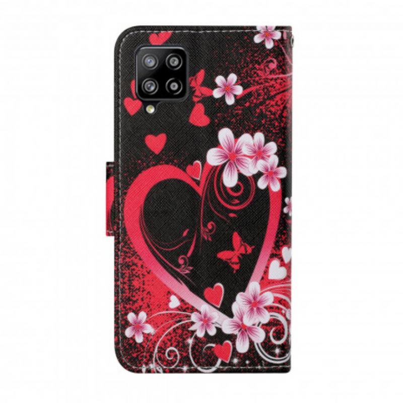 Læder Cover Samsung Galaxy M12 / A12 Blomster Og Hjerter Med Snor