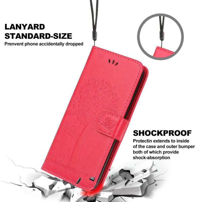 Læder Cover Samsung Galaxy M12 / A12 Med Snor Thong Træ Og Ugler