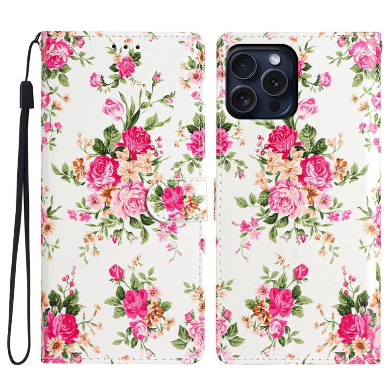 Flip Cover iPhone 16 Pro Max Røde Blomster Med Rem