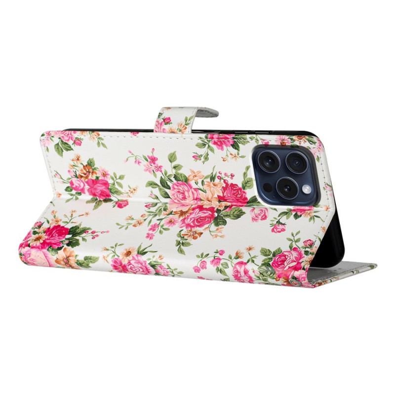 Flip Cover iPhone 16 Pro Max Røde Blomster Med Rem