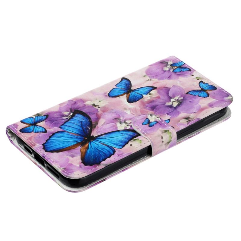 Flip Cover iPhone 16 Pro Max Sommerfugle Og Lilla Blomster Med Rem