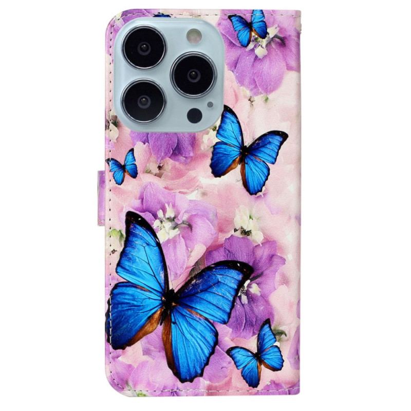 Flip Cover iPhone 16 Pro Max Sommerfugle Og Lilla Blomster Med Rem