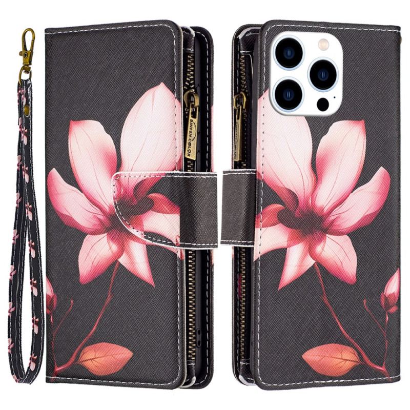 Læder Cover iPhone 16 Pro Max Pink Flower Pung På Sort Baggrund