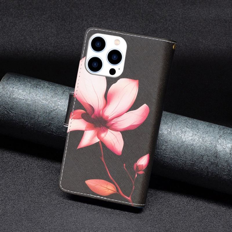 Læder Cover iPhone 16 Pro Max Pink Flower Pung På Sort Baggrund