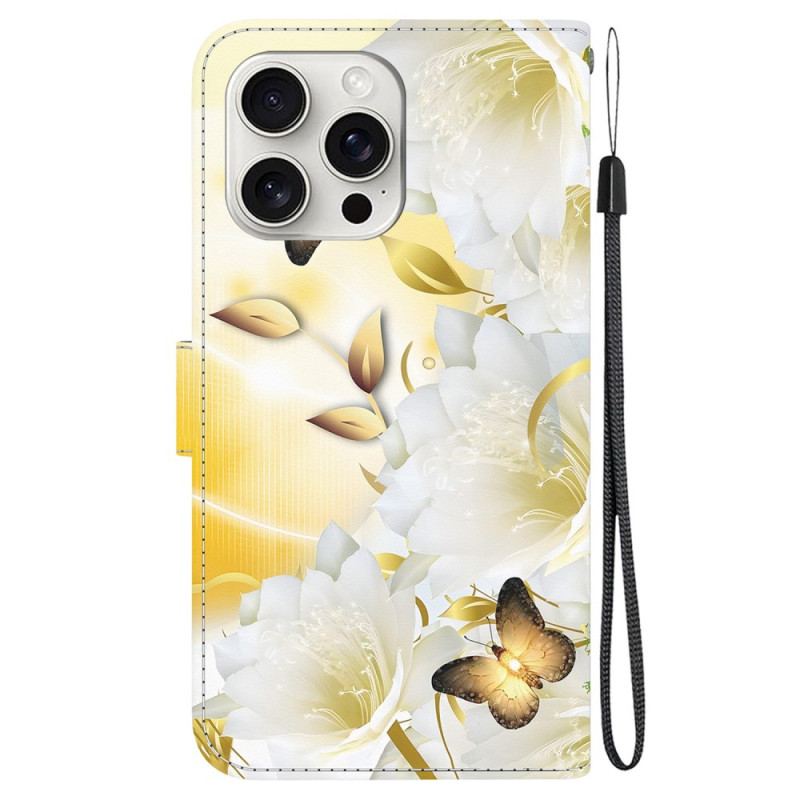 Læder Cover iPhone 16 Pro Max Telefon Etui Gyldne Sommerfugle Og Blomster Med Rem