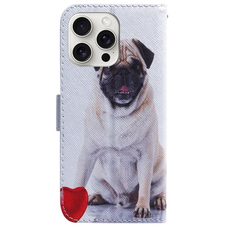 Læder Cover iPhone 16 Pro Max Telefon Etui Mops Hund