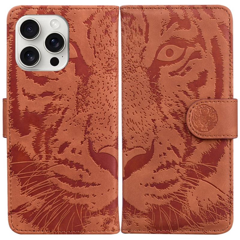 Læder Cover iPhone 16 Pro Max Telefon Etui Tiger Footprint