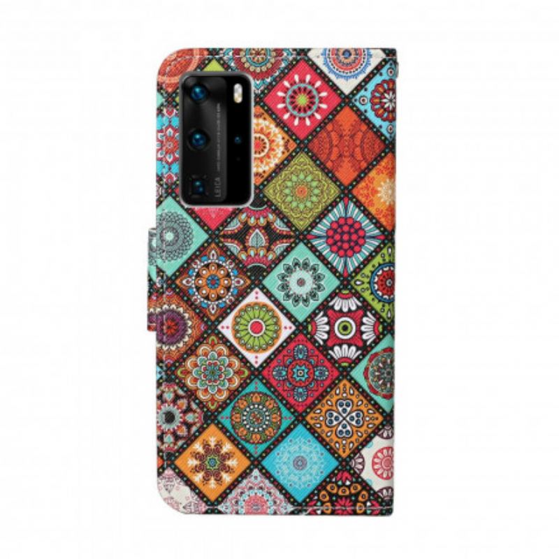 Læder Cover Huawei P40 Pro Patchwork Mandalaer Med Snor