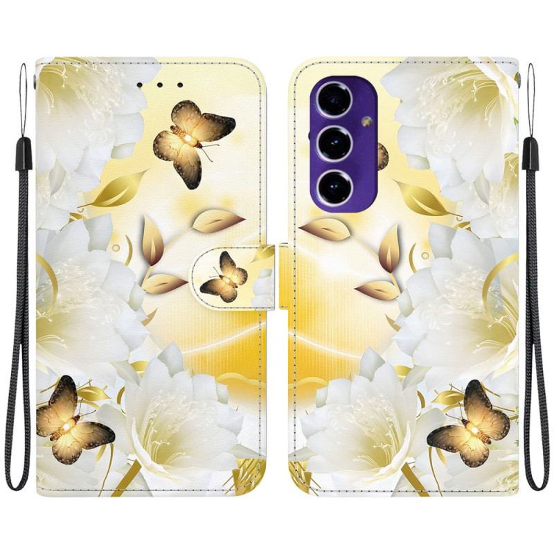 Flip Cover Samsung Galaxy A16 5g Gylden Sommerfugl Og Hvide Blomster