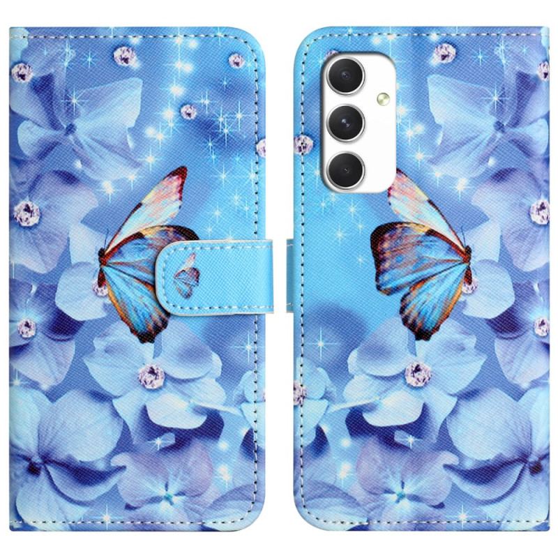 Flip Cover Til Samsung Galaxy A16 5g Blå Blomster Og Sommerfugle