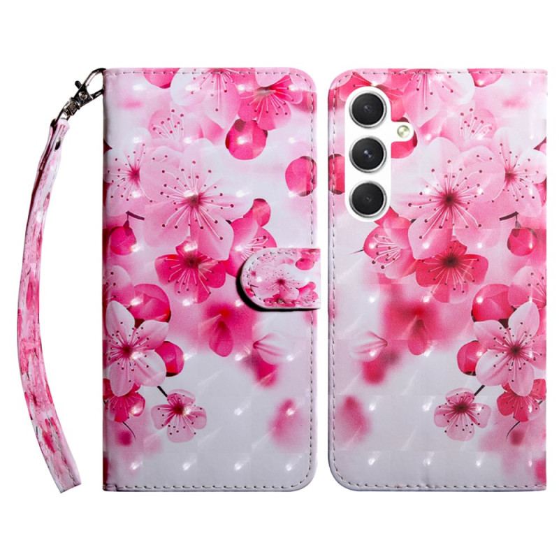 Læder Cover Samsung Galaxy A16 5g Telefon Etui Rødt Blomstermønster Med Rem