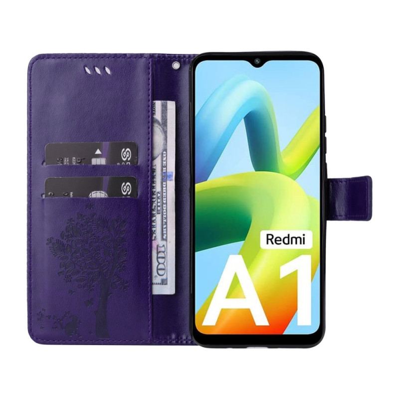 Flip Cover Xiaomi Redmi A1 Med Snor Træ Og Strappy Kat