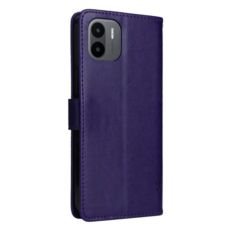 Flip Cover Xiaomi Redmi A1 Med Snor Træ Og Strappy Kat