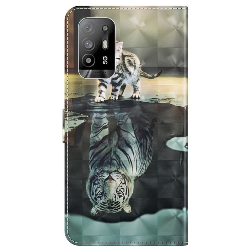 Flip Cover Oppo A94 5G Kat Og Tiger Med Snor