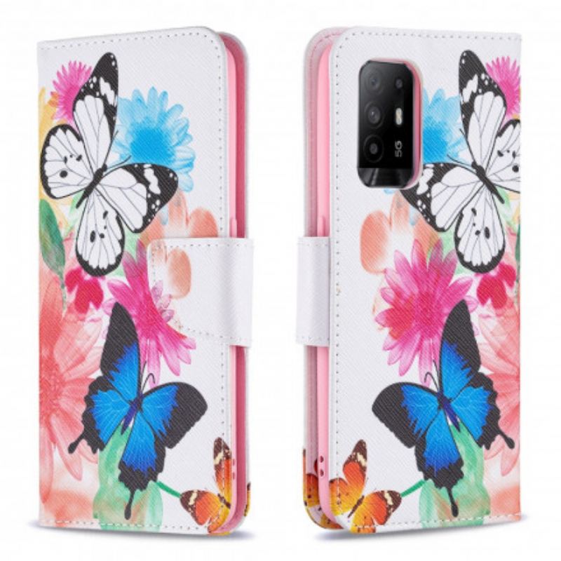 Læder Cover Oppo A94 5G Malede Sommerfugle Og Blomster