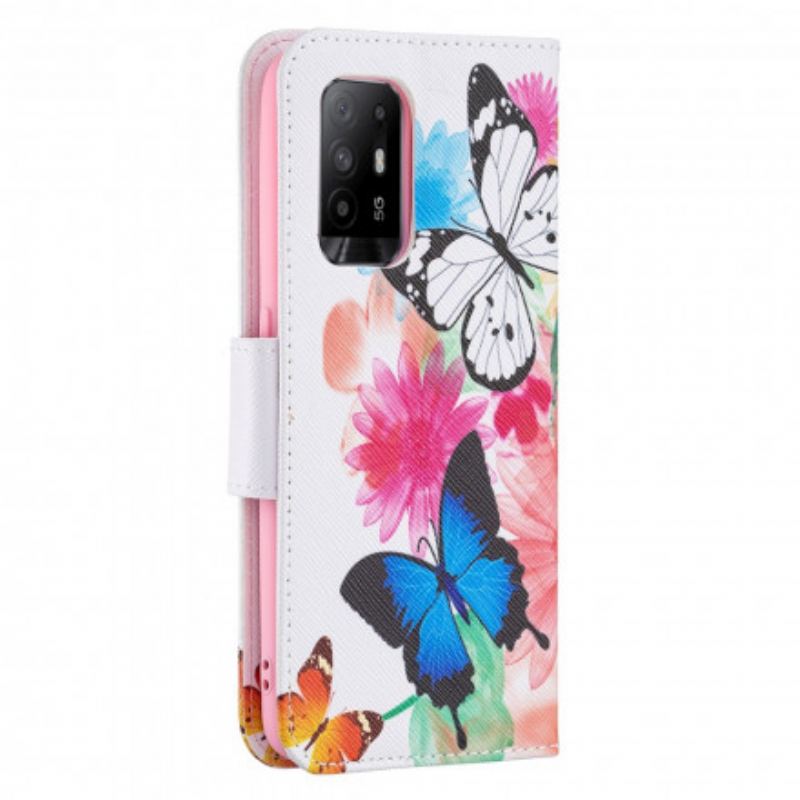 Læder Cover Oppo A94 5G Malede Sommerfugle Og Blomster