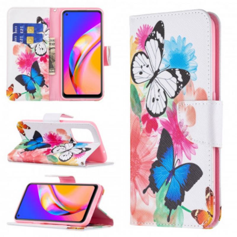 Læder Cover Oppo A94 5G Malede Sommerfugle Og Blomster