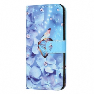 Flip Cover Samsung Galaxy S24 Fe Blå Blomster Og Sommerfugle Med Rem