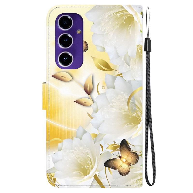 Flip Cover Samsung Galaxy S24 Fe Gyldne Sommerfugle Og Hvide Blomster