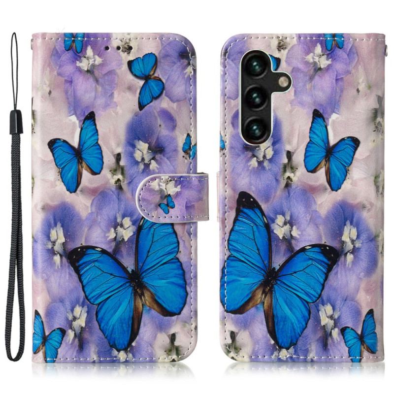 Læder Cover Samsung Galaxy S24 Fe Telefon Etui Lilla Blomster Og Blå Sommerfugle