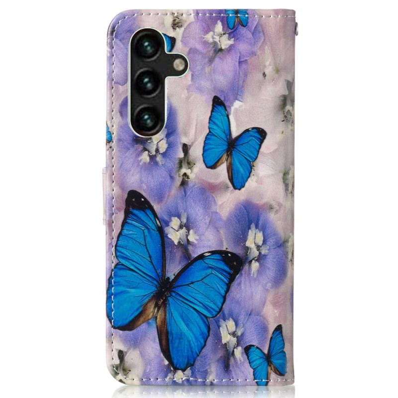 Læder Cover Samsung Galaxy S24 Fe Telefon Etui Lilla Blomster Og Blå Sommerfugle