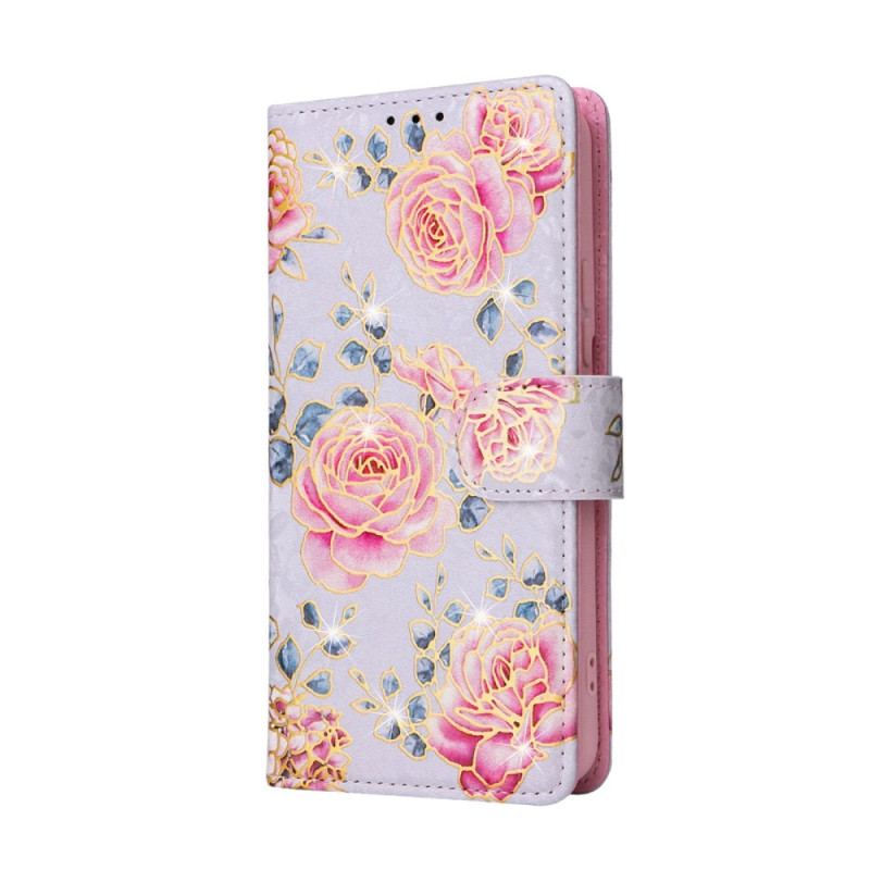 Flip Cover Samsung Galaxy S23 Plus 5G Rfid-blomster Med Snor