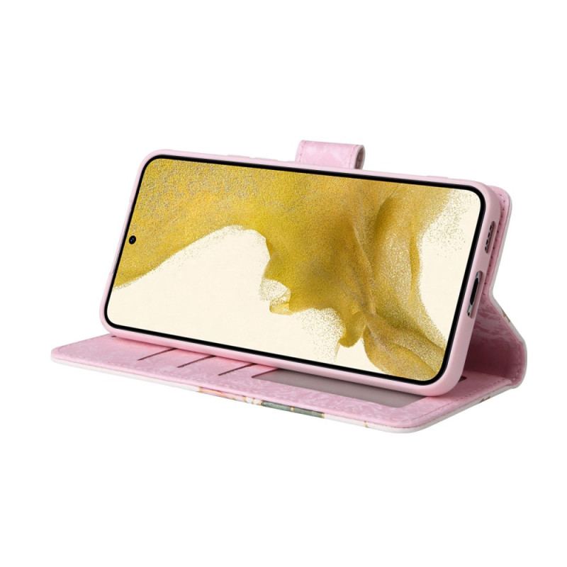 Flip Cover Samsung Galaxy S23 Plus 5G Rfid-blomster Med Snor