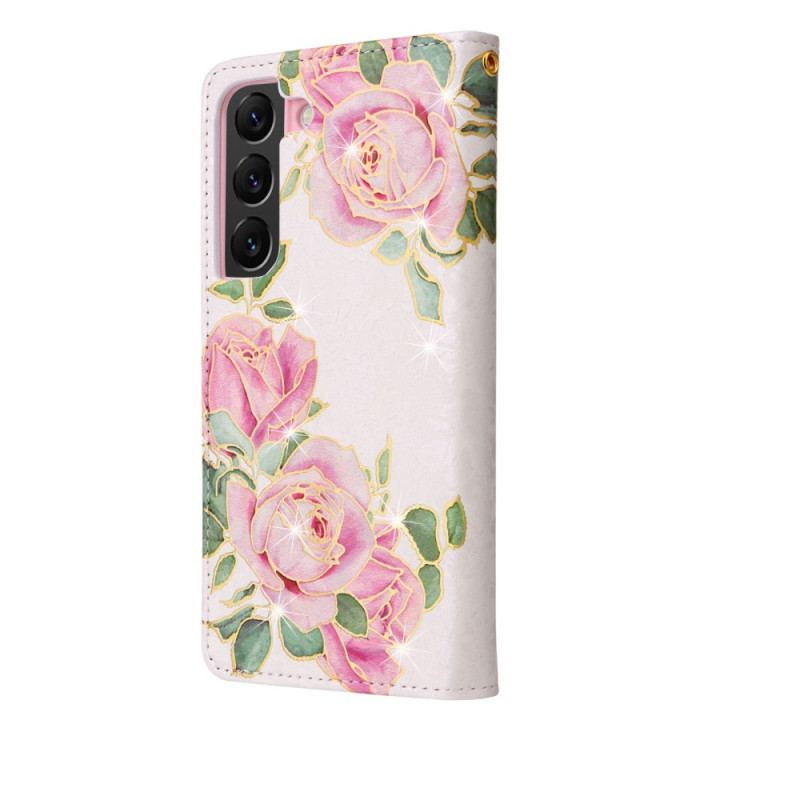 Flip Cover Samsung Galaxy S23 Plus 5G Rfid-blomster Med Snor