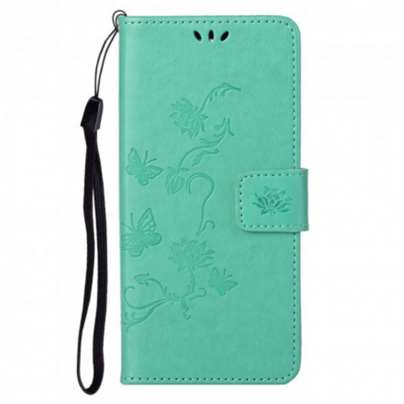 Flip Cover Motorola Edge 20 Pro Med Snor Sommerfugle Og Blomsterrem