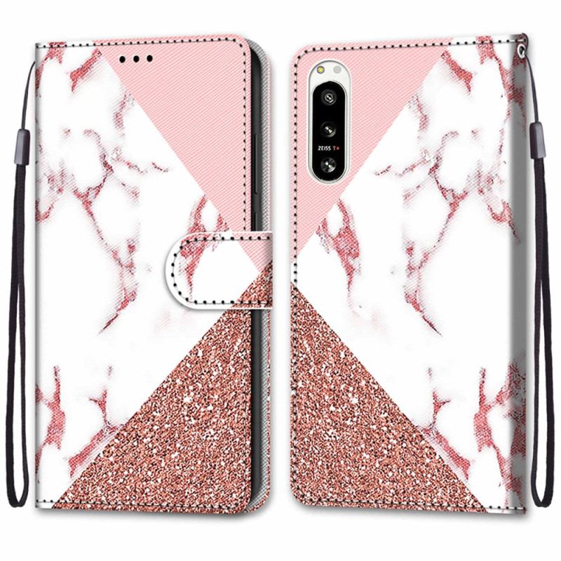 Flip Cover Sony Xperia 5 IV Marmor Og Glitter Trekant