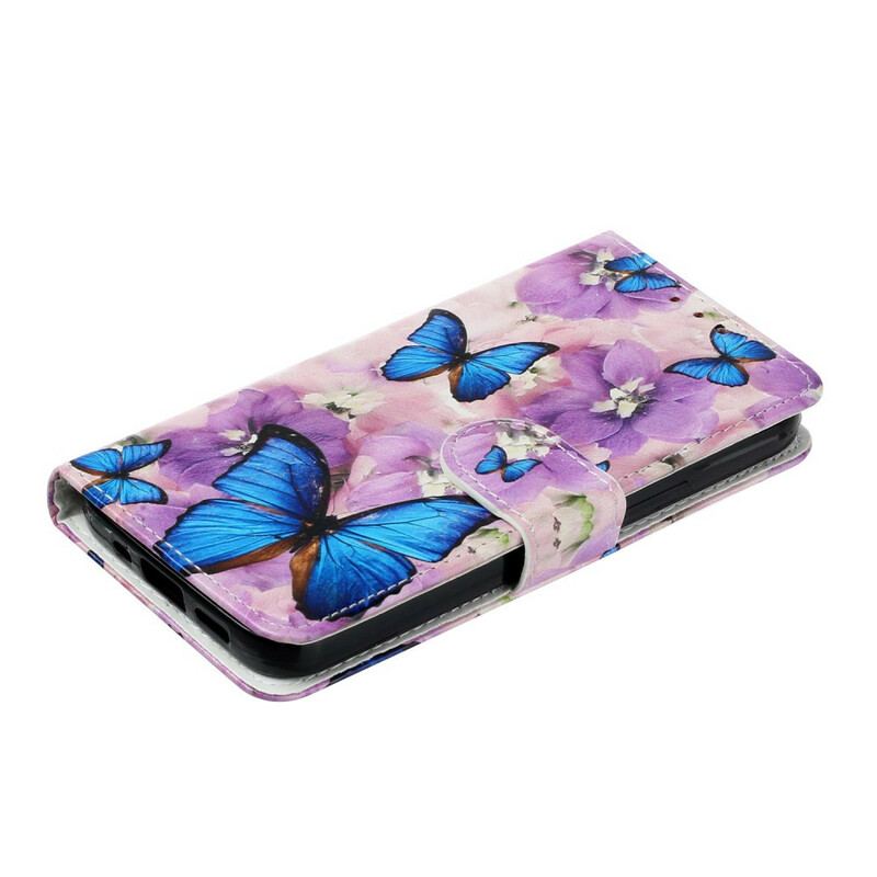 Flip Cover iPhone 13 Mini Blå Sommerfugle I Blomster