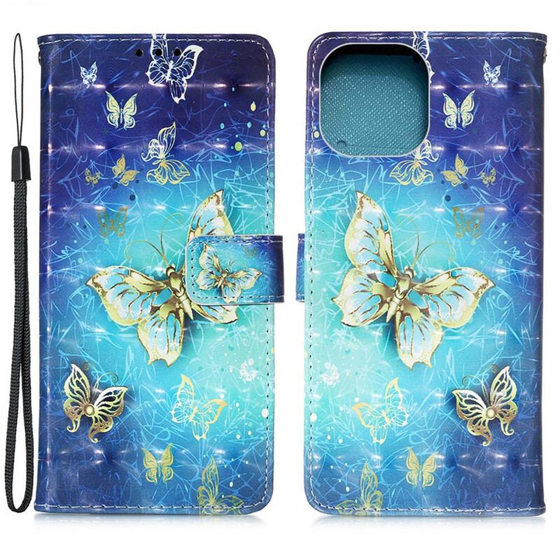 Flip Cover iPhone 13 Mini Golden Butterflies Lanyard