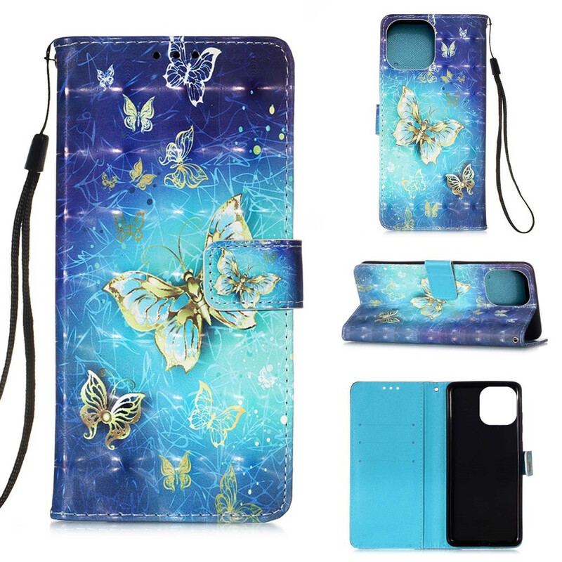 Flip Cover iPhone 13 Mini Golden Butterflies Lanyard