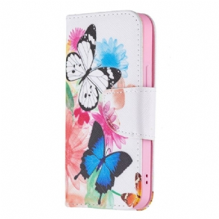 Flip Cover iPhone 13 Mini Malede Sommerfugle Og Blomster