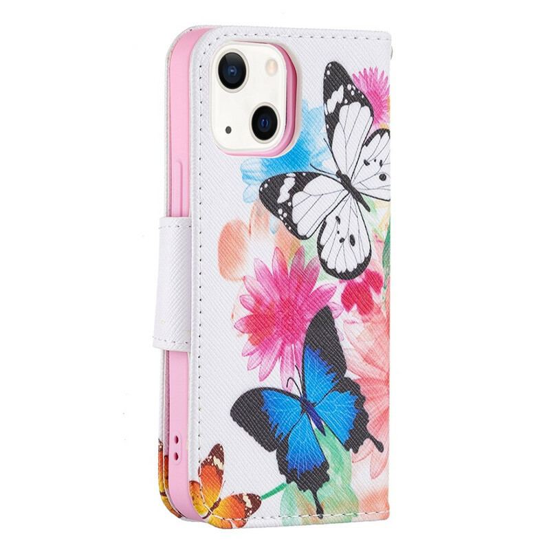 Flip Cover iPhone 13 Mini Malede Sommerfugle Og Blomster