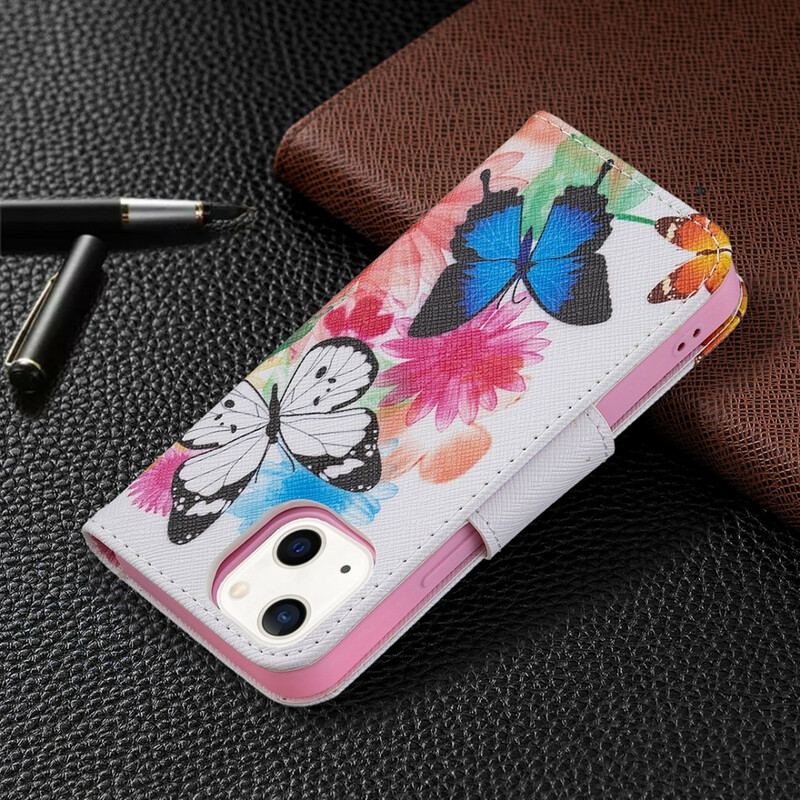 Flip Cover iPhone 13 Mini Malede Sommerfugle Og Blomster