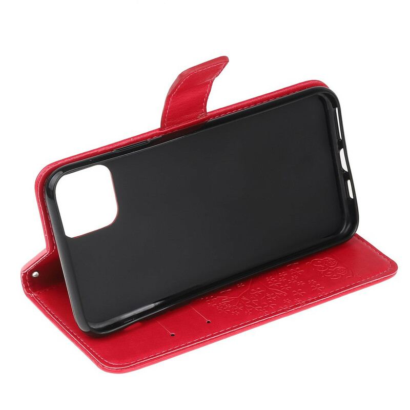 Flip Cover iPhone 13 Mini Med Snor Thong Træ Og Ugler