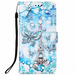 Flip Cover Samsung Galaxy A33 5G Med Snor Eiffeltårnets Sommerfuglestrop