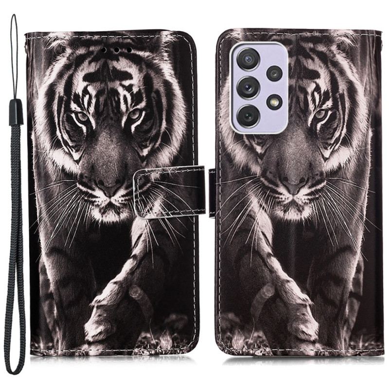 Læder Cover Samsung Galaxy A33 5G Med Snor Strappy Night Tiger