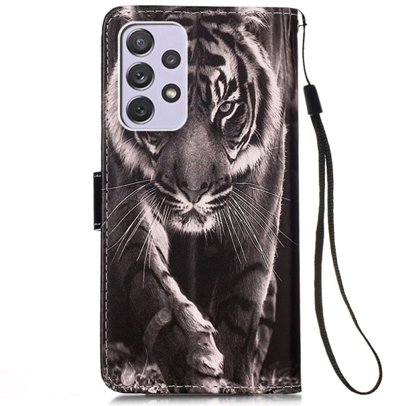 Læder Cover Samsung Galaxy A33 5G Med Snor Strappy Night Tiger