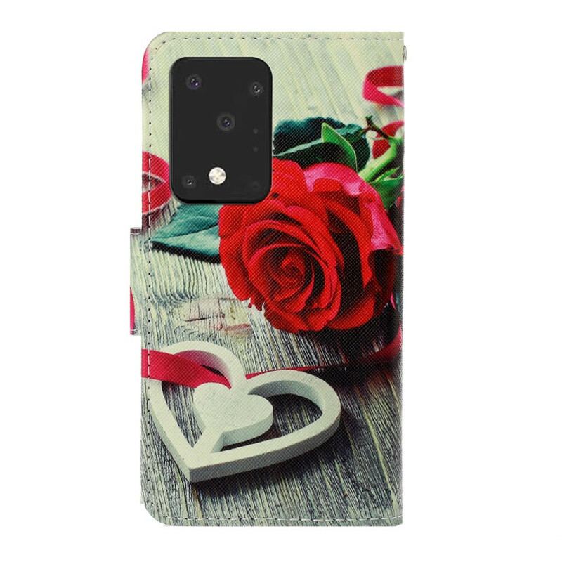 Flip Cover Samsung Galaxy S20 Ultra Med Snor Romantisk Rose Med Rem